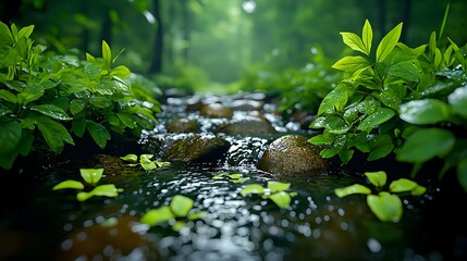 Tranquil Stream Surrounded by Lush Greenery in a Forest Setting