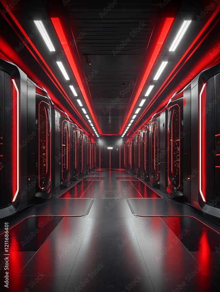 Poster a futuristic data center with dynamic neon lighting, emphasizing high-speed it retrieval systems