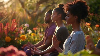 Serene group meditates peacefully amidst vibrant flowers