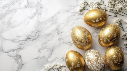Elegant golden easter eggs with floral patterns on marble background