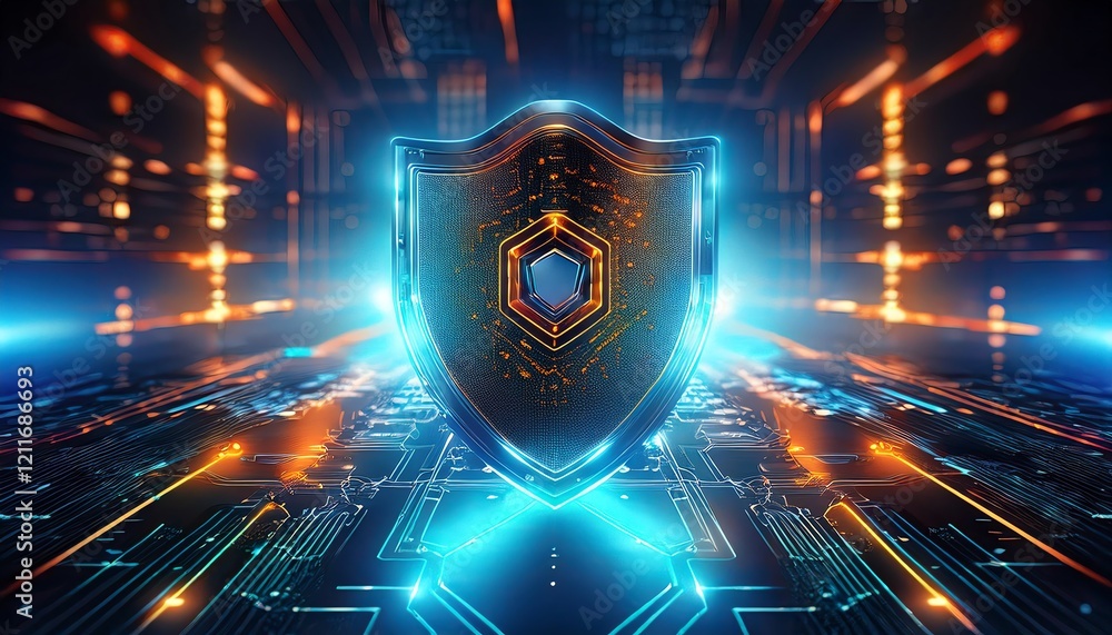 Poster a futuristic digital shield with glowing circuits and vibrant lights, symbolizing cybersecurity and 