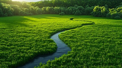 Flowing Stream Through Lush Green Rice Field at Sunrise