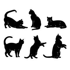 A collection of six black cat silhouettes in various poses, including sitting, stretching, leaping, and playing, displayed on White background.