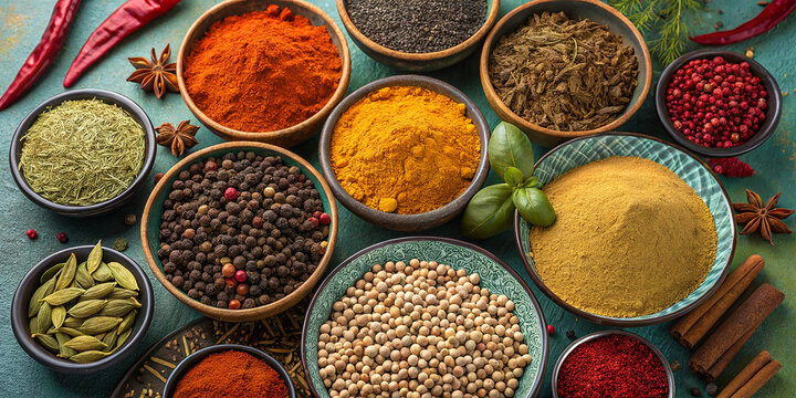 Colorful spices in bowls, vibrant food photography, overhead view, rustic wooden table, Indian cuisine ingredients, turmeric powder, paprika, cumin seeds, coriander, chili flakes, assorted spices