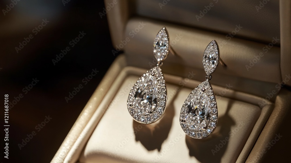 Poster a beautiful close-up of a pair of diamond drop earrings, captured in natural light to showcase their