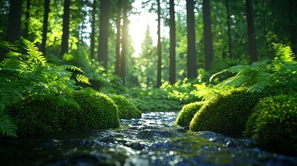 Obraz premium Serene Forest Stream with Lush Green Ferns and Sunlight Rays