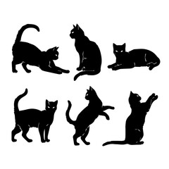 A collection of six black cat silhouettes in various poses, including sitting, stretching, leaping, and playing, displayed on White background.