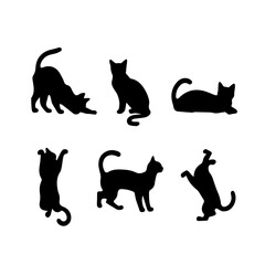 A collection of six black cat silhouettes in various poses, including sitting, stretching, leaping, and playing, displayed on White background.