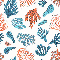 Seamless pattern with corals and underwater plants scattered on a white background. Pattern for summer fabrics. Flat vector illustration