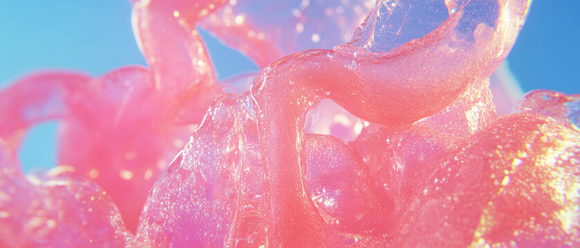 Unique close-up of bubblegum showcasing its wet and stringy texture with saliva