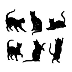 A collection of six black cat silhouettes in various poses, including sitting, stretching, leaping, and playing, displayed on White background.