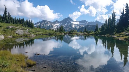 A quiet mountain lake with crystal-clear reflections of surrounding peaks and clouds.