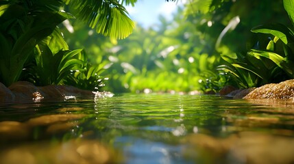Fototapeta premium Serene Jungle Stream Surrounded by Lush Greenery and Plants