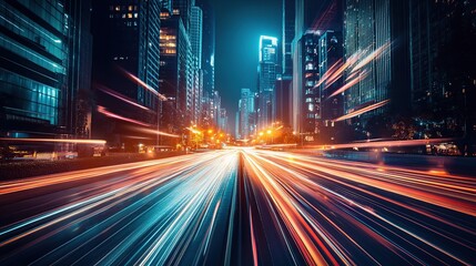 Obraz premium Night cityscape with light trails on a highway.