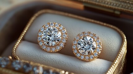 Fototapeta premium A beautiful image of diamond earrings nestled in a luxurious jewelry box, with soft lighting that accentuates their sparkle and showcases their elegance