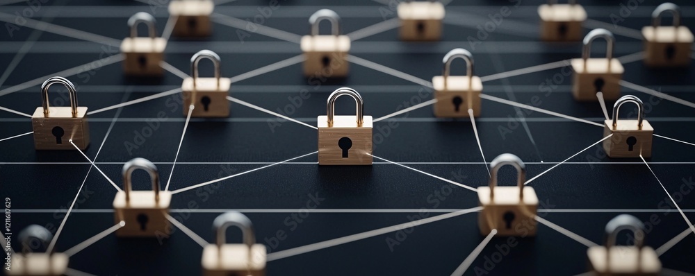 Poster a conceptual depiction of encrypted data locks hovering in a digital matrix, highlighting it securit