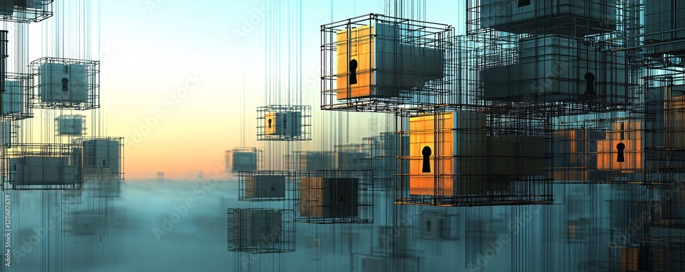Poster a conceptual depiction of encrypted data locks hovering in a digital matrix, highlighting it securit