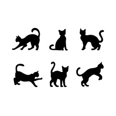 A collection of six black cat silhouettes in various poses, including sitting, stretching, leaping, and playing, displayed on White background.
