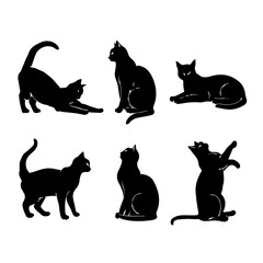 A collection of six black cat silhouettes in various poses, including sitting, stretching, leaping, and playing, displayed on White background.