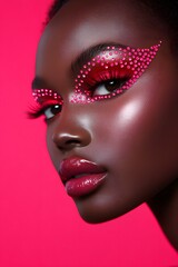 Dramatic Extravagant Closeup Portrait of Glamorous Female Model with Vibrant Red Makeup and Jewelry