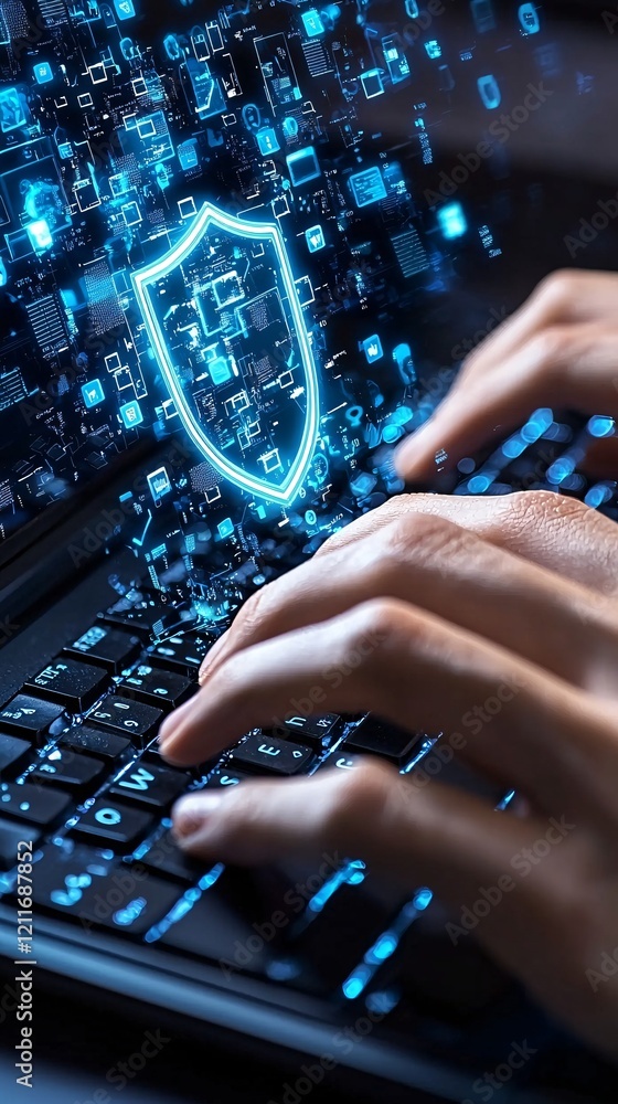Poster a close-up of hands typing on a keyboard with a glowing virtual shield above, emphasizing it securit
