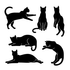 A collection of six black cat silhouettes in various poses, including sitting, stretching, leaping, and playing, displayed on White background.