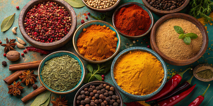 Colorful spices in bowls, vibrant Indian cuisine ingredients, overhead view, rustic wooden table, turmeric, paprika, cumin seeds, coriander, cinnamon sticks, star anise, dried chili peppers, aromatic 