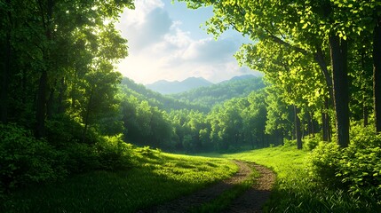 Lush Green Forest Pathway Under Bright Sunlight in Tranquil Nature