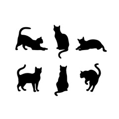 A collection of six black cat silhouettes in various poses, including sitting, stretching, leaping, and playing, displayed on White background.