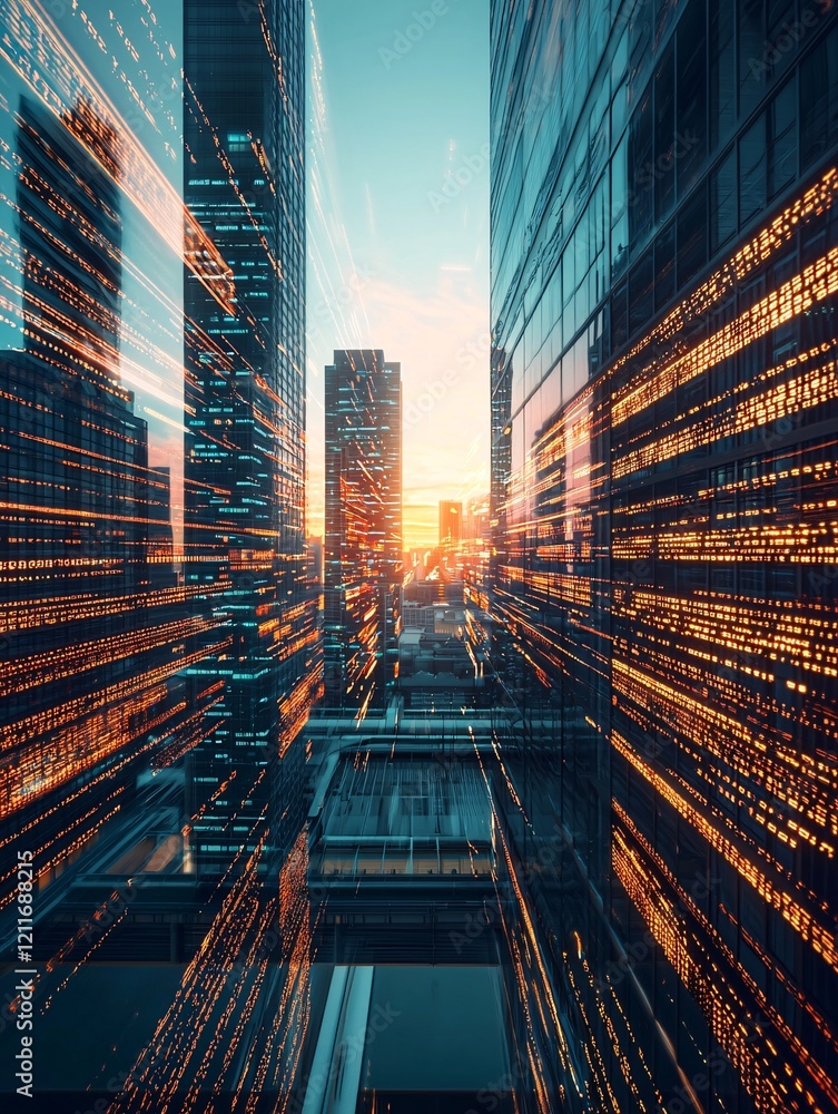 Poster a magnified view of binary code flowing across a digital landscape, symbolizing it data processing