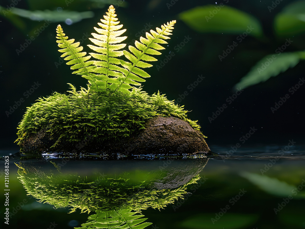 Poster a fern growing on top of moss-covered rocks in the depths of an ancient forest, with reflections shi