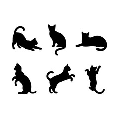 A collection of six black cat silhouettes in various poses, including sitting, stretching, leaping, and playing, displayed on White background.