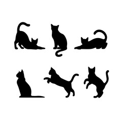 A collection of six black cat silhouettes in various poses, including sitting, stretching, leaping, and playing, displayed on White background.