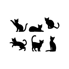 A collection of six black cat silhouettes in various poses, including sitting, stretching, leaping, and playing, displayed on White background.
