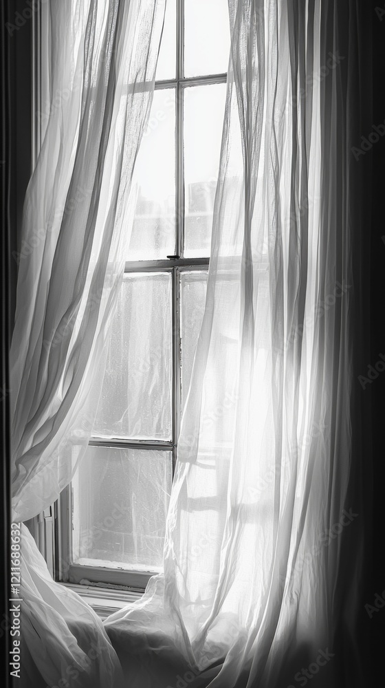 Poster the gentle breeze causes sheer curtains to float gracefully in a sunlit room, inviting light and war