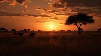 Obraz premium African Sunset with Elephants