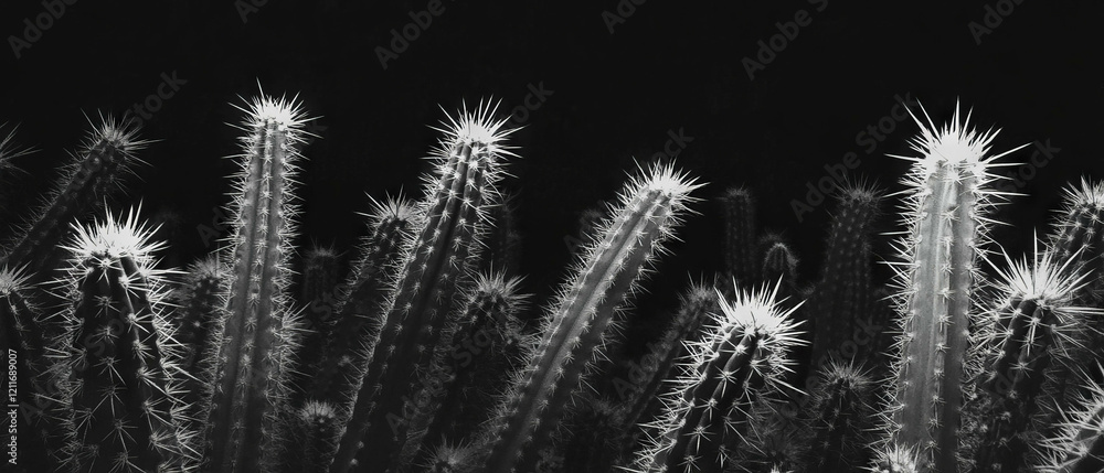 Poster sharp points and textured surfaces of cactus spines illuminated in darkness