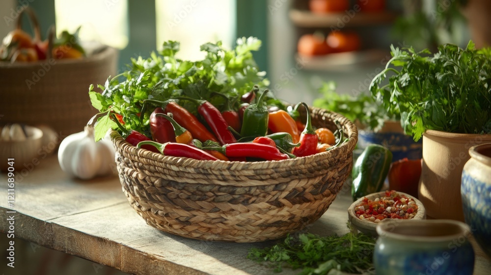 Poster a bright and colorful display of assorted chili peppers in a woven basket, alongside fresh herbs and