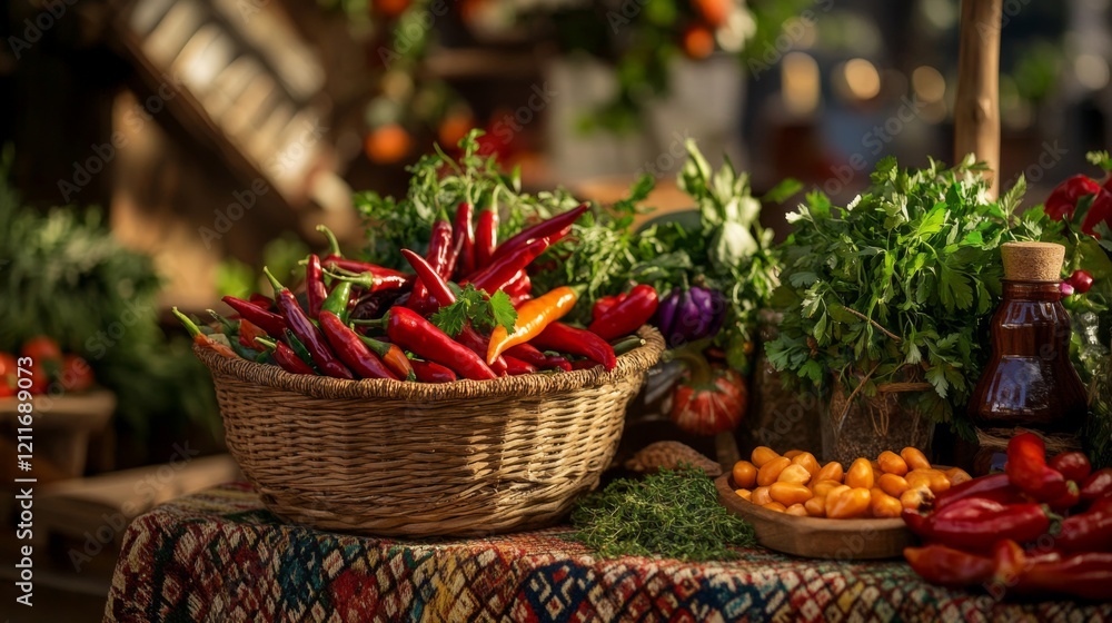Poster a bright and colorful display of assorted chili peppers in a woven basket, alongside fresh herbs and