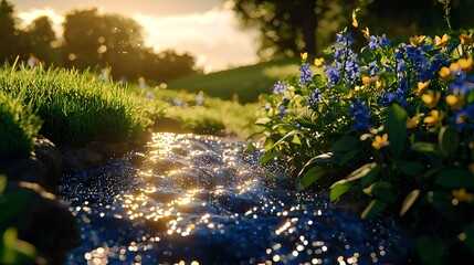 Obraz premium Tranquil Stream Flowing Through Vibrant Wildflower Meadow Landscape