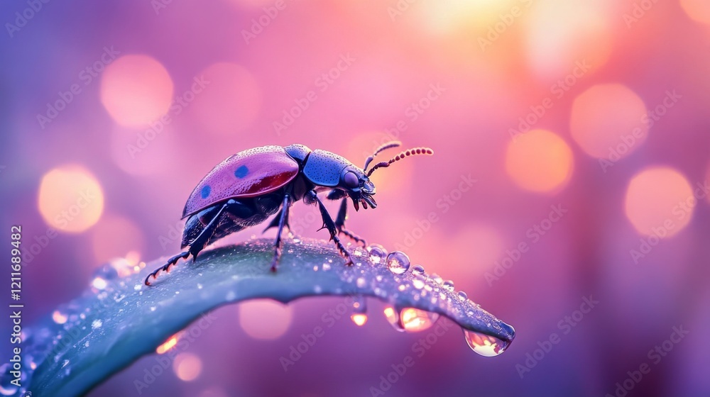 Poster a captivating image of a beetle climbing on a dewy leaf at dawn, with soft sunlight illuminating the