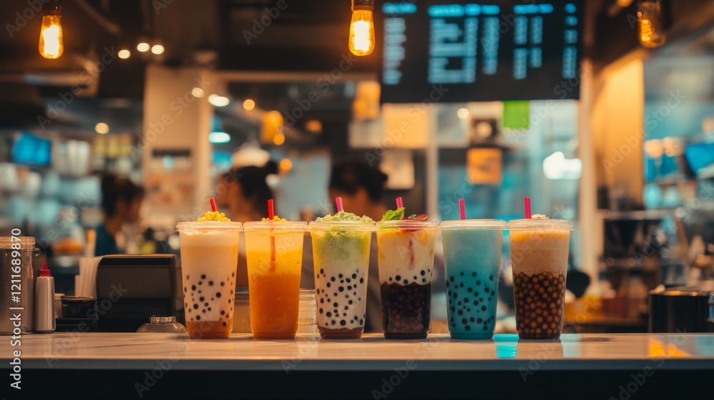 Poster a captivating shot of a bubble tea shop's colorful menu board, displaying various flavors and toppin