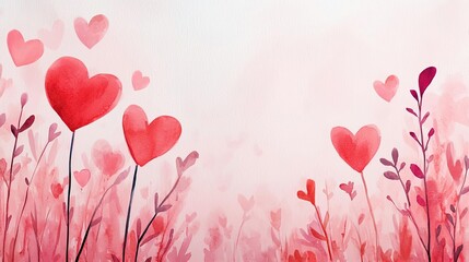 Valentine watercolor concept. A whimsical watercolor scene with colorful hearts among blooming flowers.