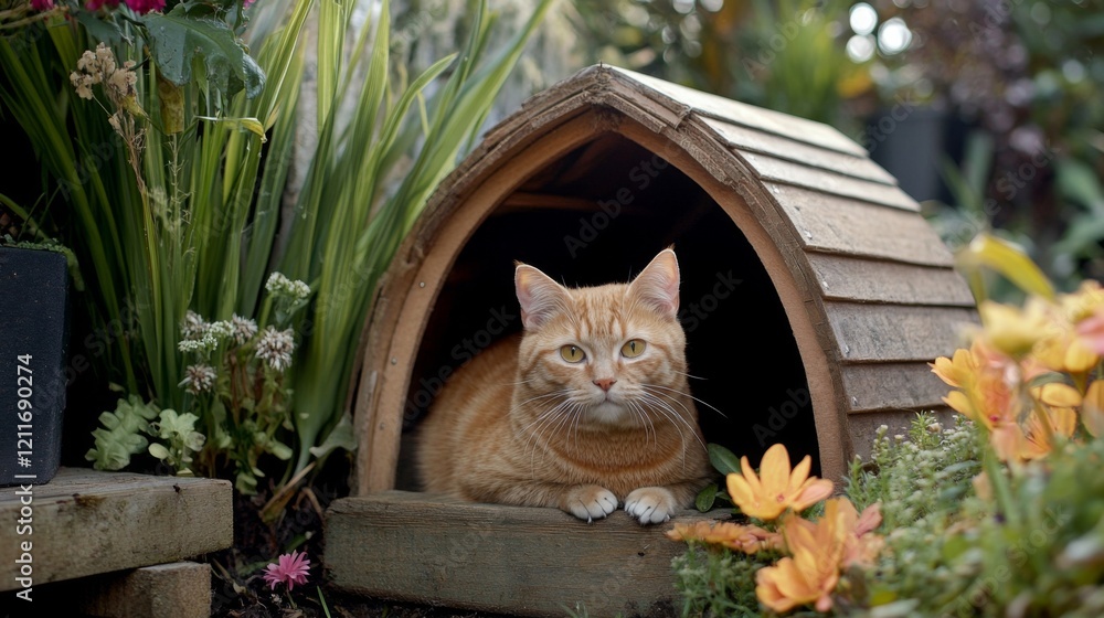 Poster a charming cat house designed like a small cabin, complete with a porch and flowers, set against a b