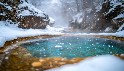 Serene Snowy Landscape with Turquoise Hot Spring and Icy Terrain


