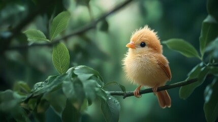 A charming close-up of a fluffy baby bird perched on a branch, surrounded by vibrant green leaves, capturing the innocence and beauty of nature in springtime.