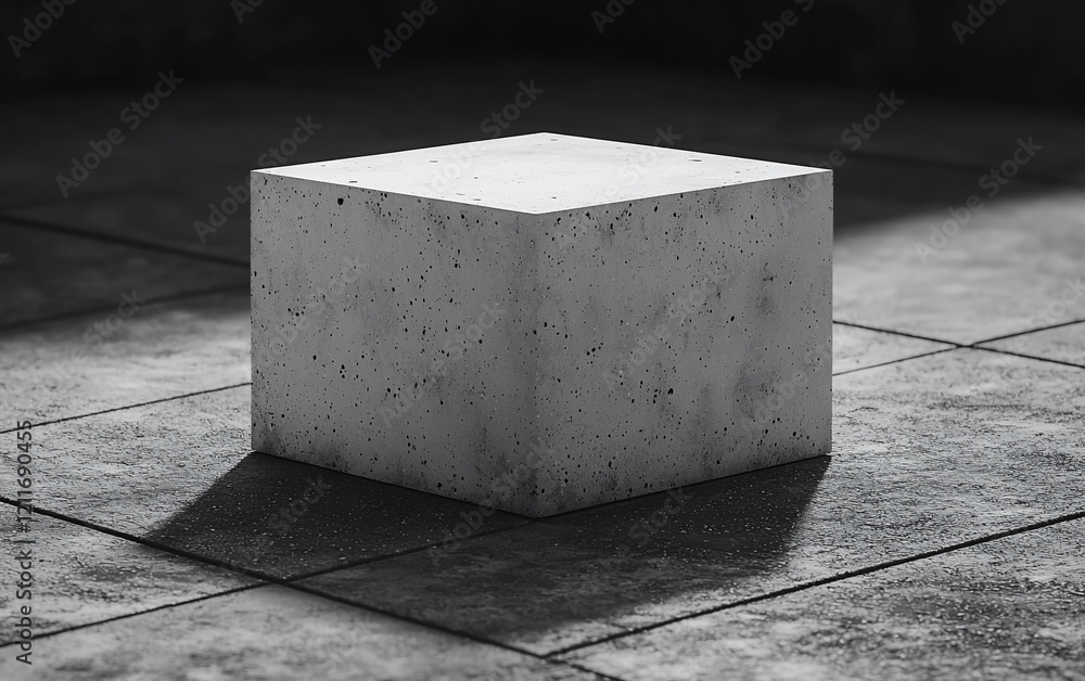 Poster concrete cube on textured floor in sunlight.