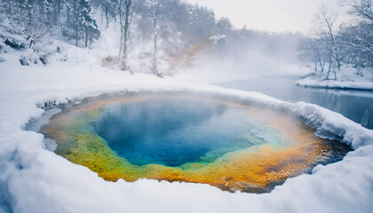 Stunning Hot Spring in Snowy Landscape with Vibrant Blue to Yellow Colors

