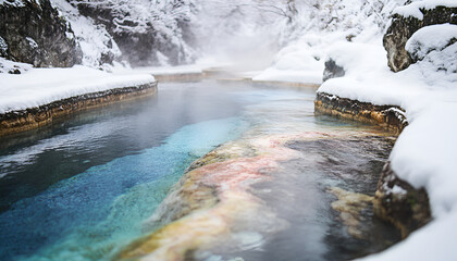 Hot Spring with Colorful Mineral Deposits Surrounded by Snow and Steam

