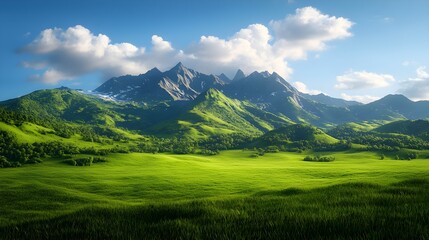 Naklejka premium Serene Mountain Landscape Under Blue Sky with Lush Green Fields